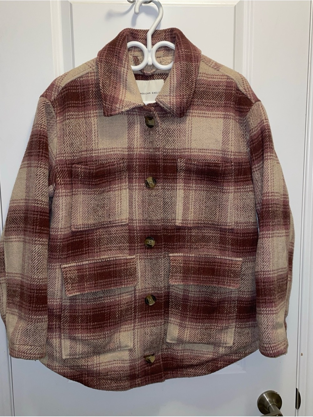 American Eagle Plaid Sherpa-Lined Shacket in Burgundy and Cream